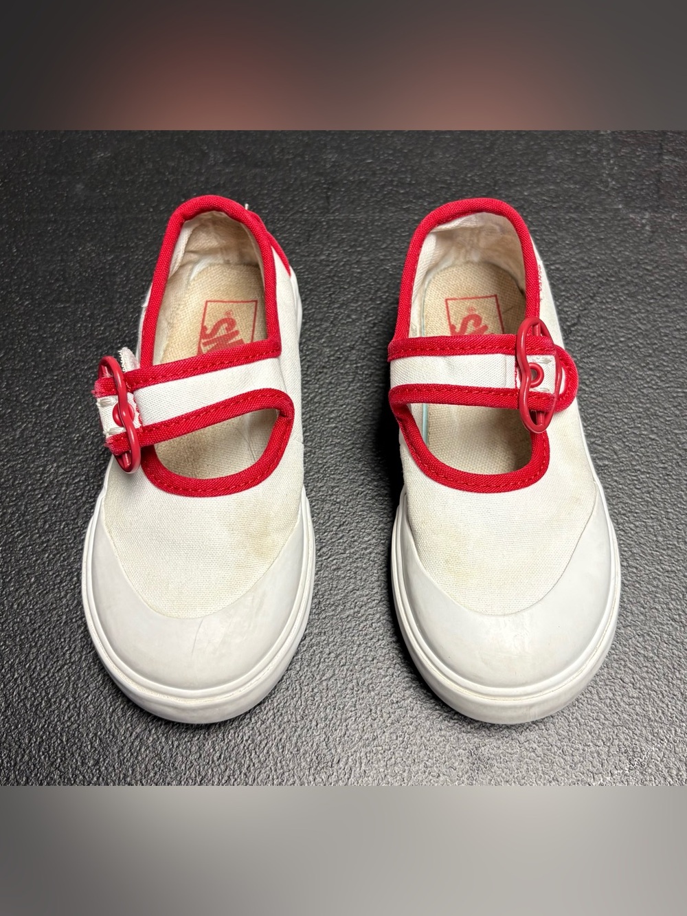 Vans Kids White Canvas Mary Janes with Red Trim